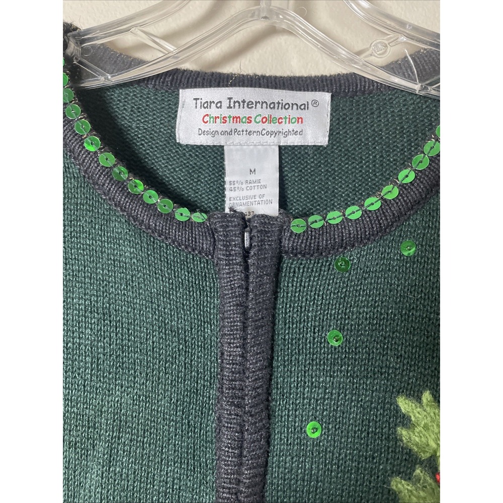 Tiara International Christmas Cardigan Sweater Womens M Green Poinsettia Big 90s - Picture 2 of 12